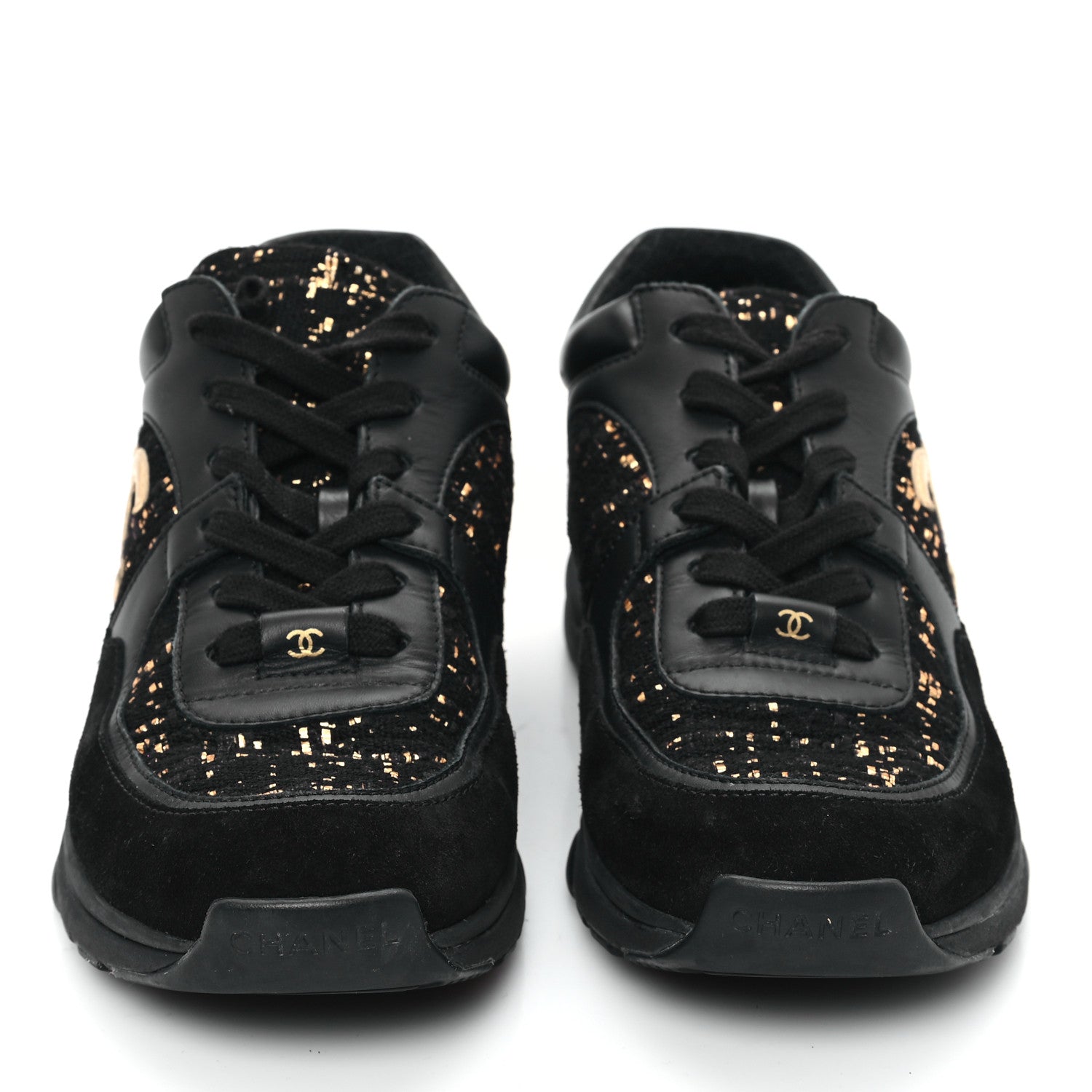 Chanel Suede Tweed CC Sneakers 38 Black Gold 3 of 10