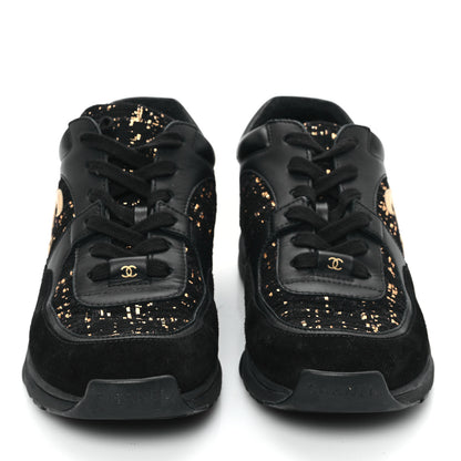 Chanel Suede Tweed CC Sneakers 38 Black Gold 3 of 10