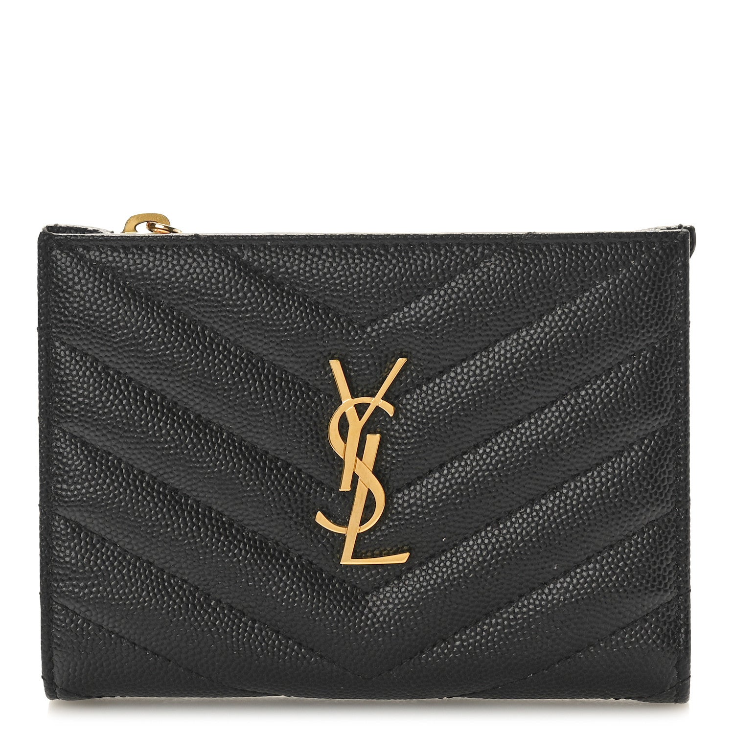 Saint Laurent Grain De Poudre Matelasse Chevron Monogram Zipped Card Case Black 1 of 9