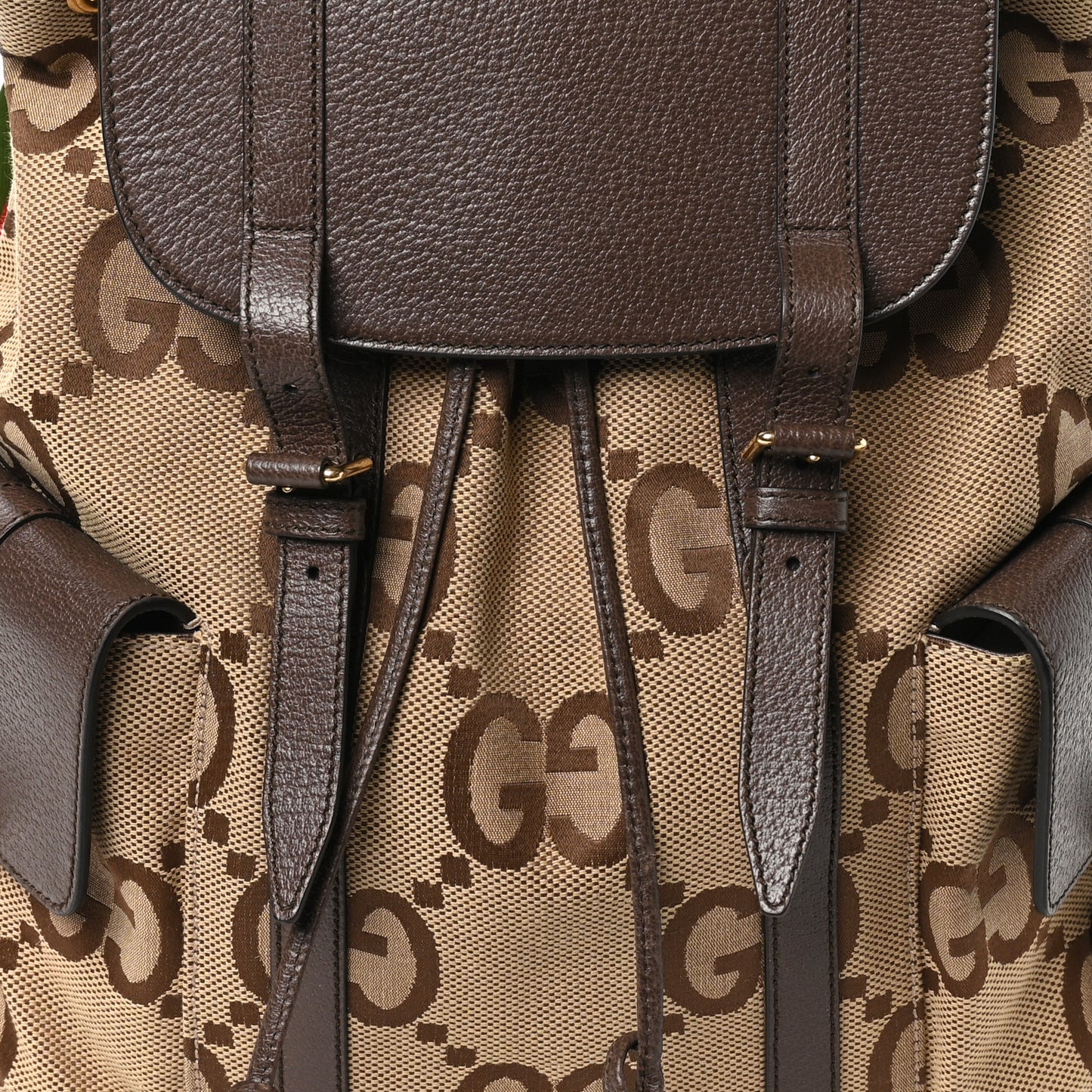 Monogram Jumbo GG Textured Dollar Calfskin Web Double Buckle Backpack Camel Ebony New Acero