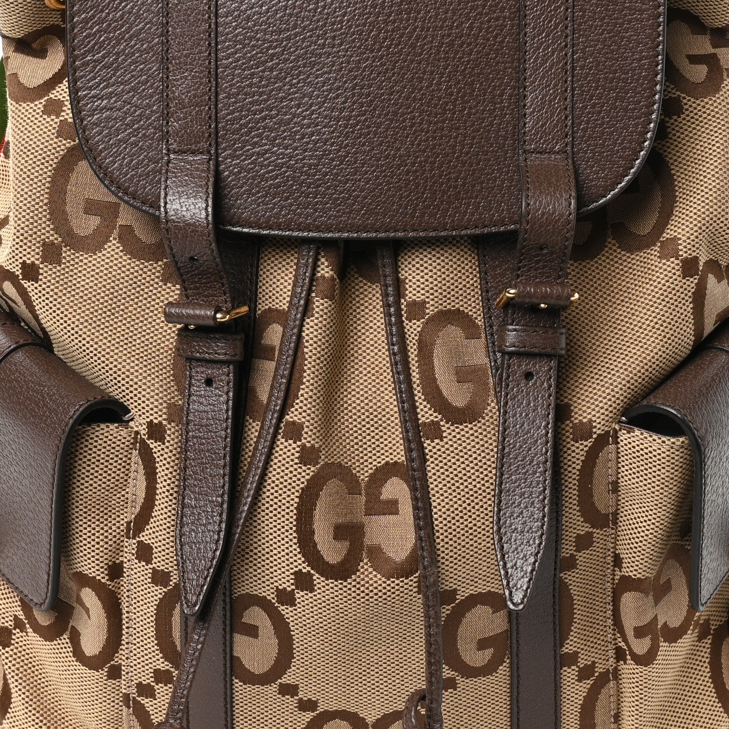 Gucci Monogram Jumbo GG Textured Dollar Calfskin Web Double Buckle Backpack Camel Ebony New Acero 7 of 9