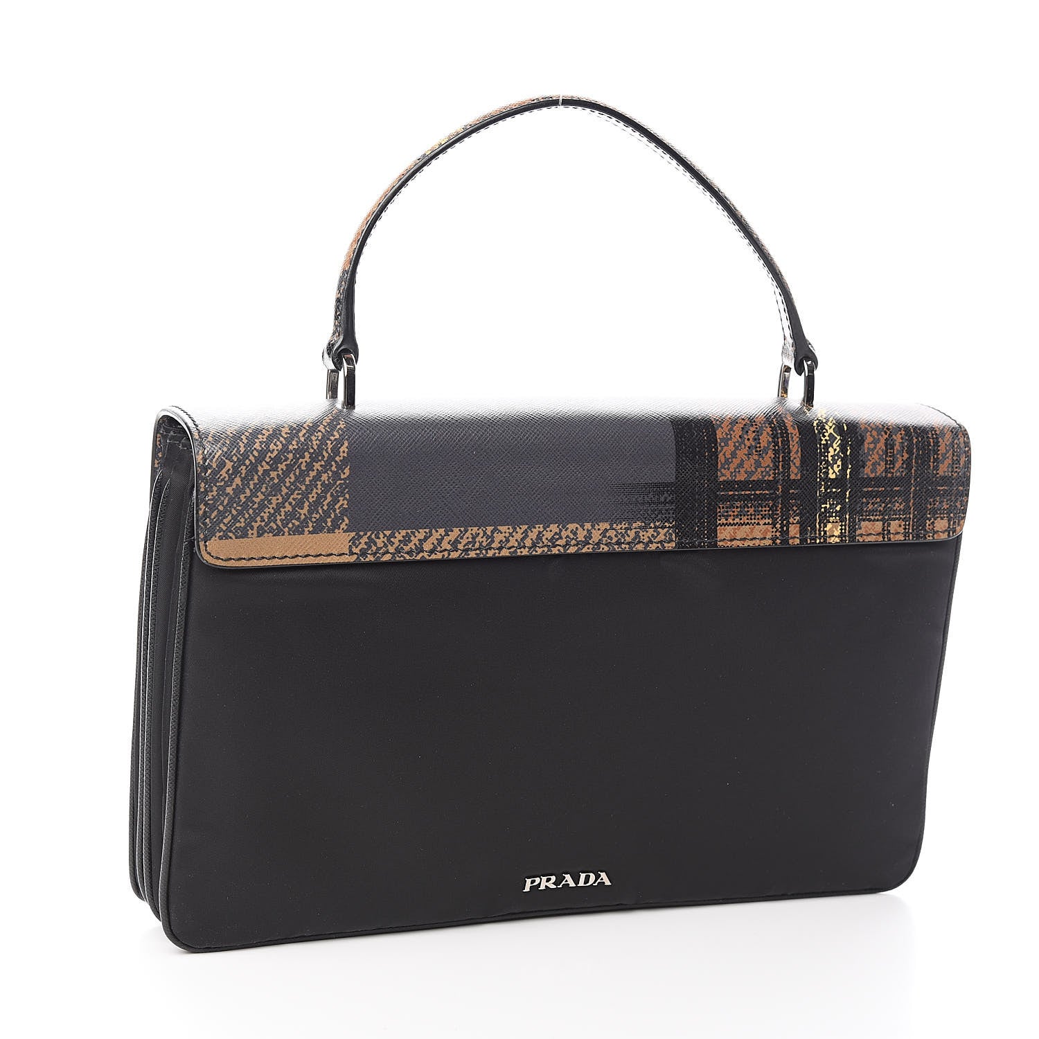 Prada Tessuto Nylon Saffiano Tartan Print Top Handle Bag Cammello 3 of 10