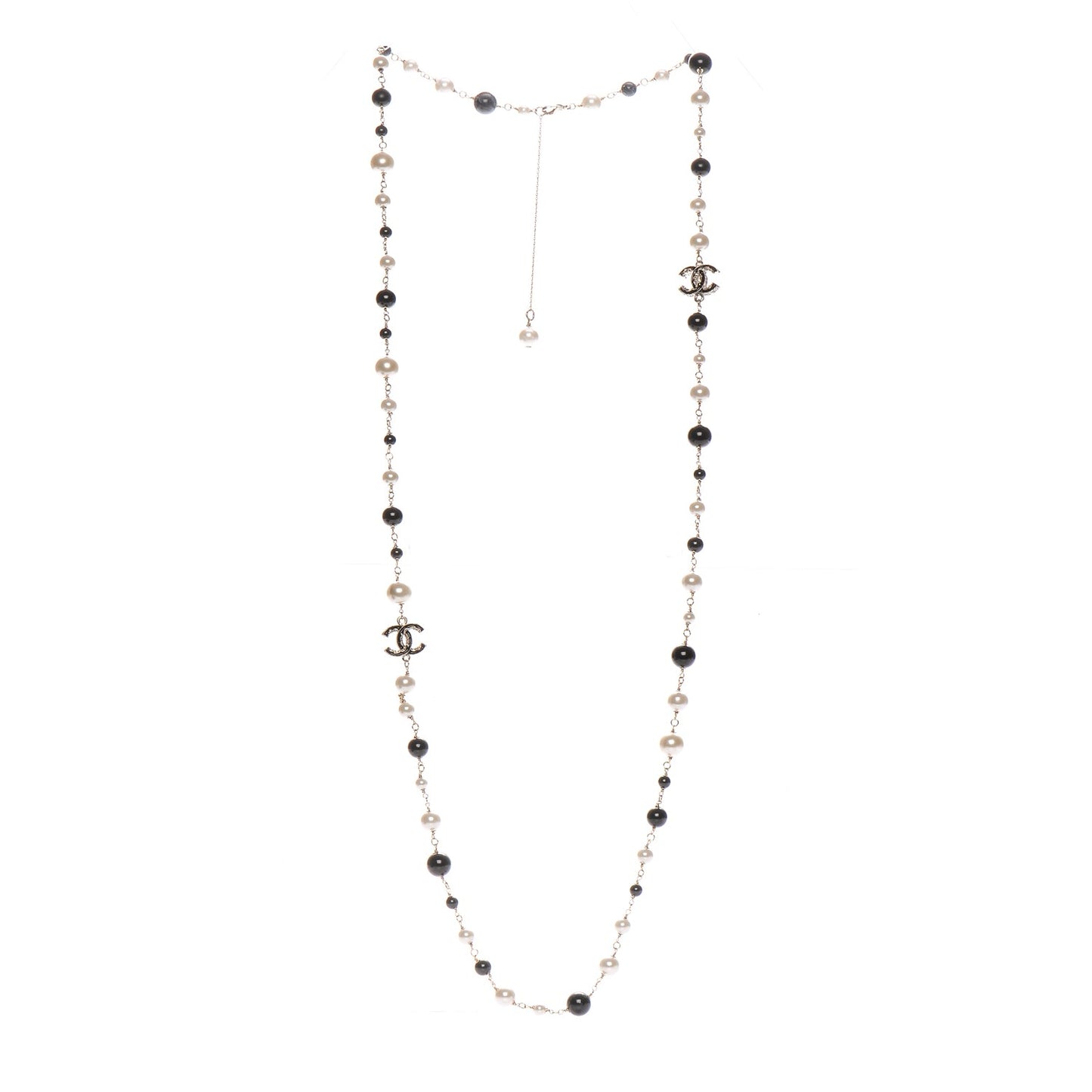 Pearl Bead Enamel CC Long Necklace Light Gold Black Ivory