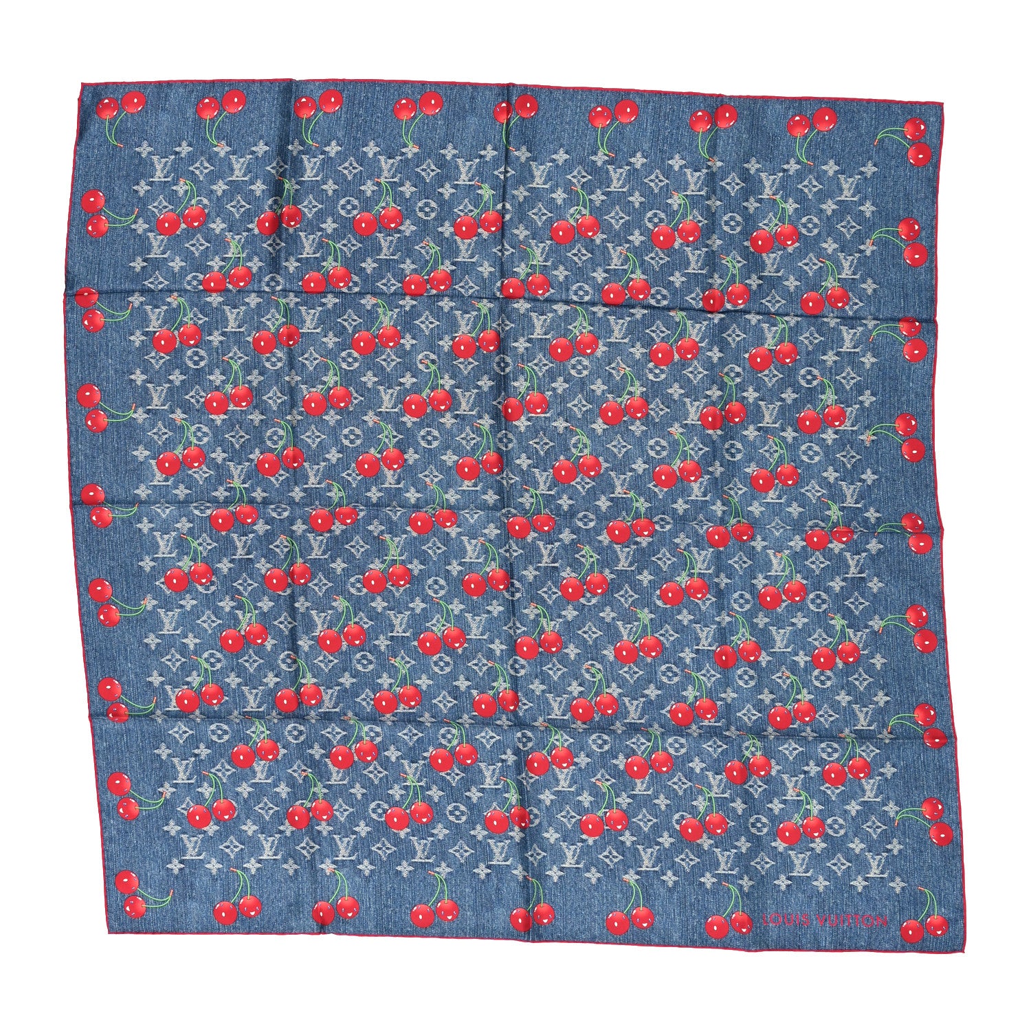 Louis Vuitton LV X TM Silk Monogram Cerises Square Scarf 90 Denim Blue 1 of 3