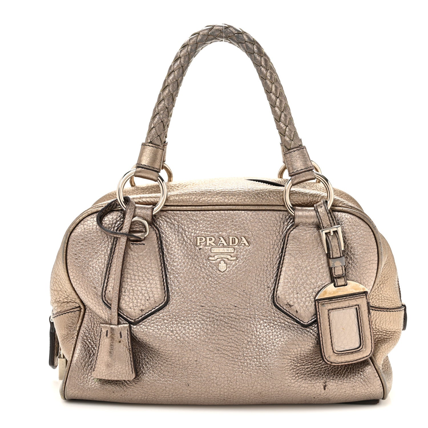 Prada Metallic Vitello Daino Braided Bowler Piombo 1 of 13