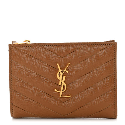 Saint Laurent Grain De Poudre Matelasse Chevron Monogram Zipped Card Case Natural Dark 1 of 7