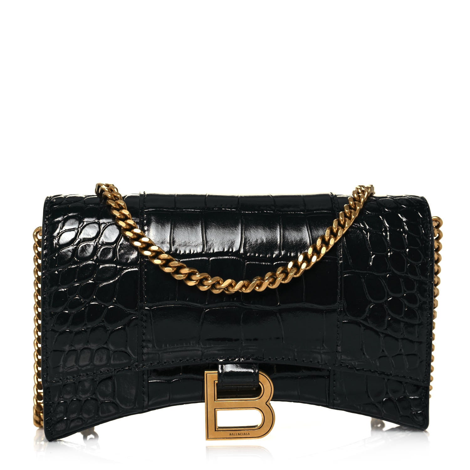 Balenciaga Shiny Calfskin Crocodile Embossed Hourglass Chain Bag Black 1 of 11
