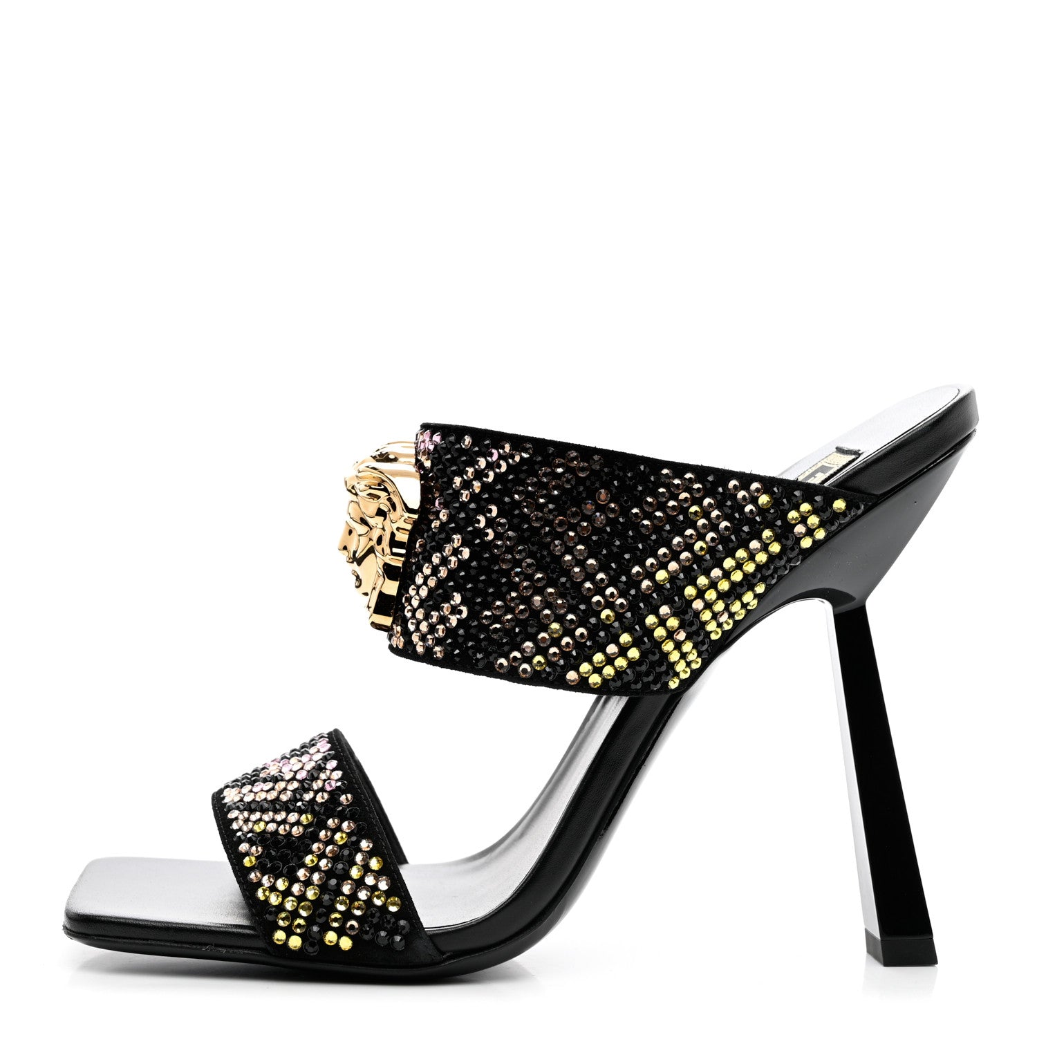 Versace X FENDI Calfskin Crystal Fendace FF Medusa High Heel Mule Sandals 38 Black Multicolor 1 of 8