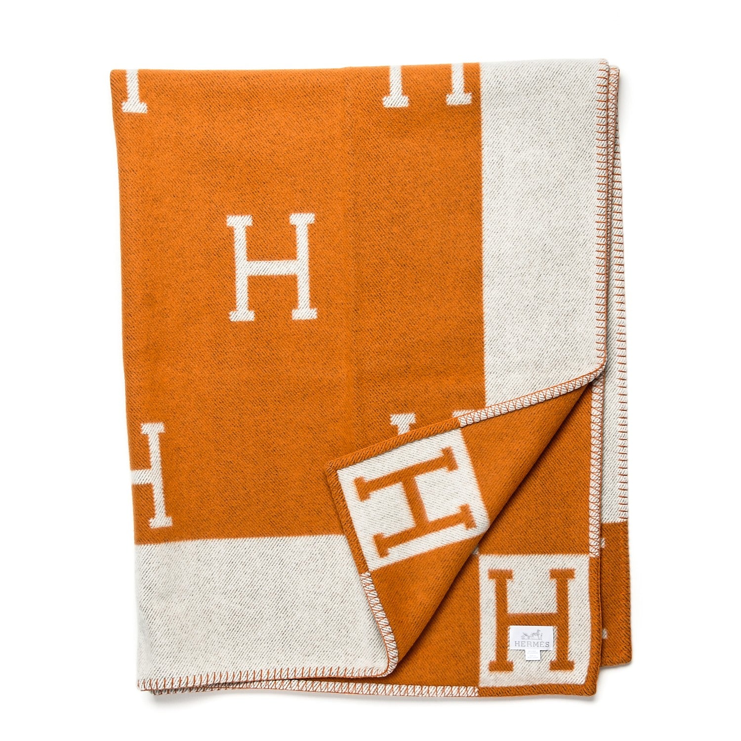Hermes Wool Cashmere Signature Classic Avalon Blanket Ecru Potiron 1 of 3