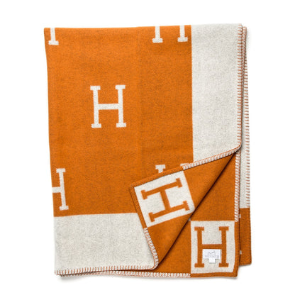 Hermes Wool Cashmere Signature Classic Avalon Blanket Ecru Potiron 1 of 3