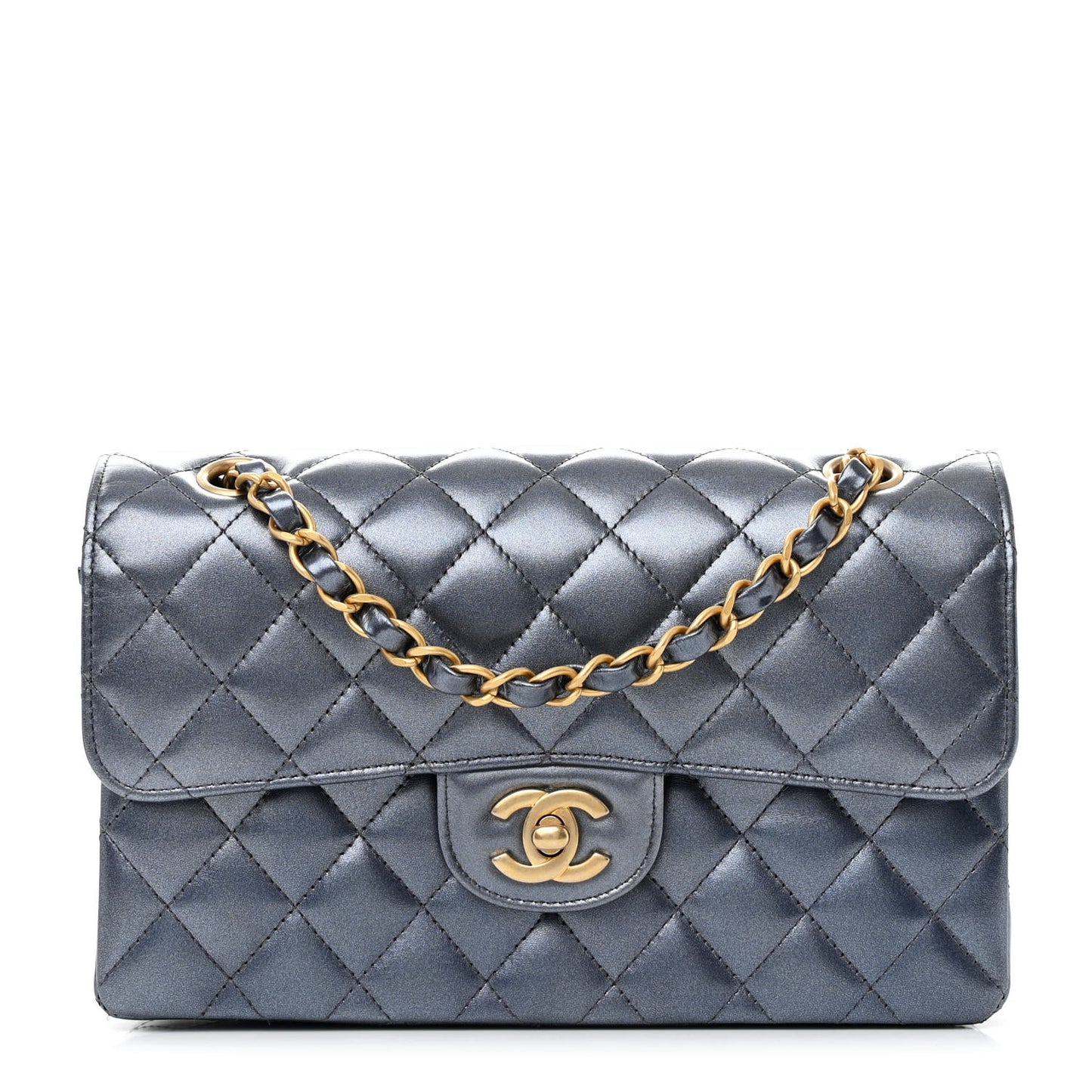 Metallic Lambskin Quilted Small Double Flap Dark Blue