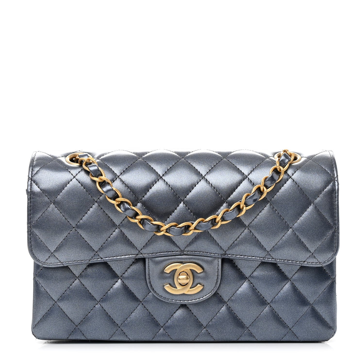 Chanel Metallic Lambskin Quilted Small Double Flap Dark Blue 1 of 12