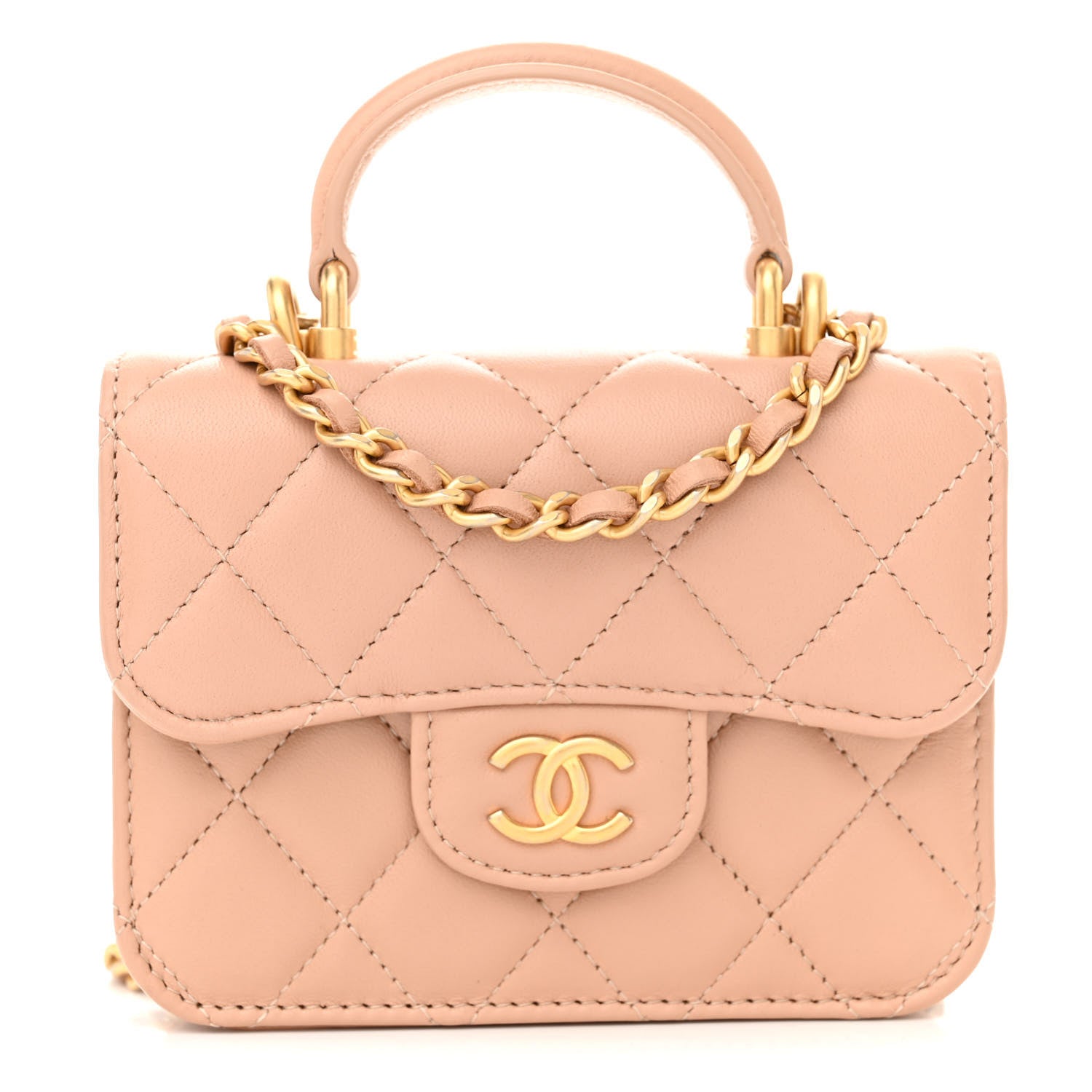 Chanel Lambskin Quilted Top Handle Flap Coin Purse With Chain Beige 1 of 12