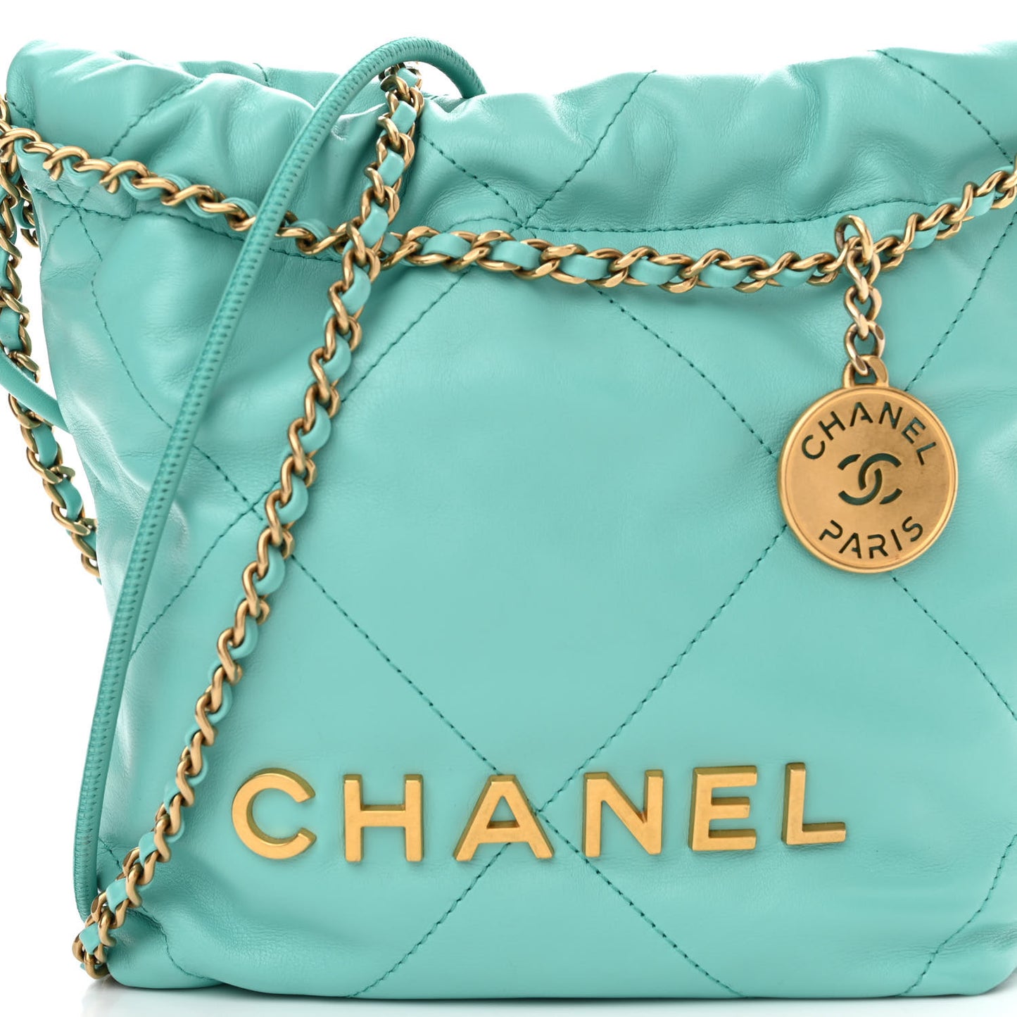 Shiny Calfskin Quilted Mini Chanel 22 Turquoise
