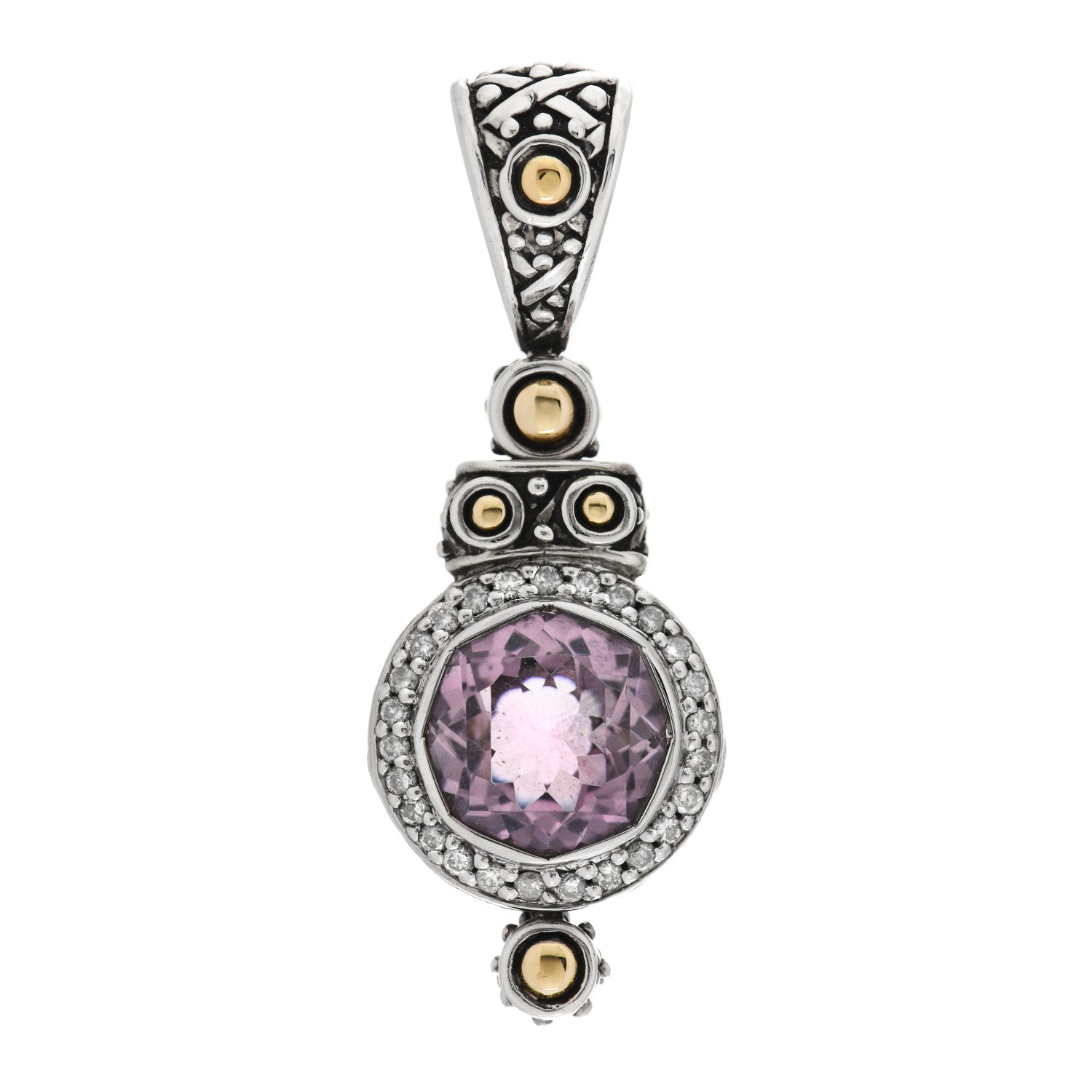 John Hardy Sterling Silver 18K Yellow Gold Diamond Amethyst Batu Sari Pendant 1 of 4