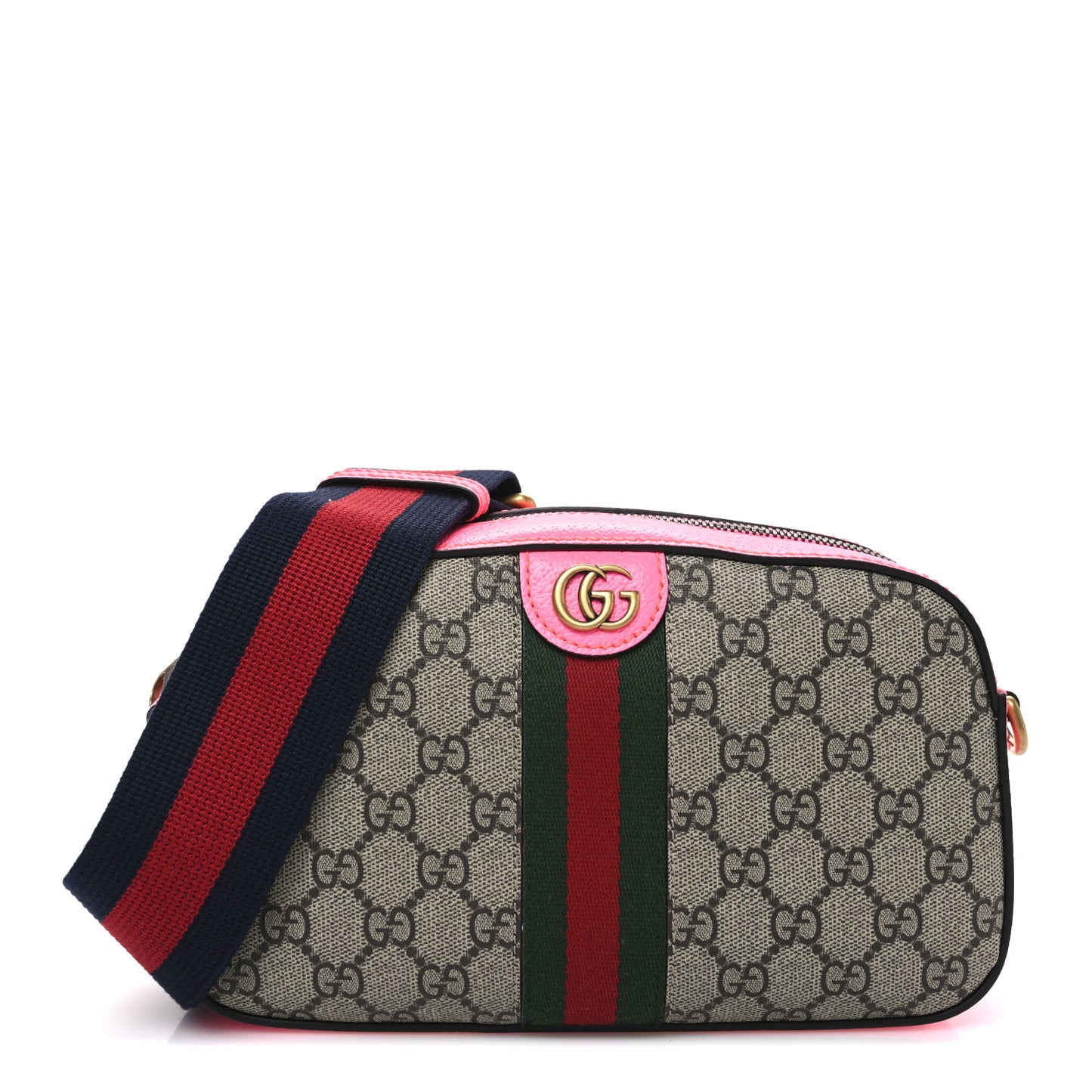 GG Supreme Monogram Textured Dollar Calfskin Web Ophidia Small Crossbody Bag Beige Ebony Fuchsia