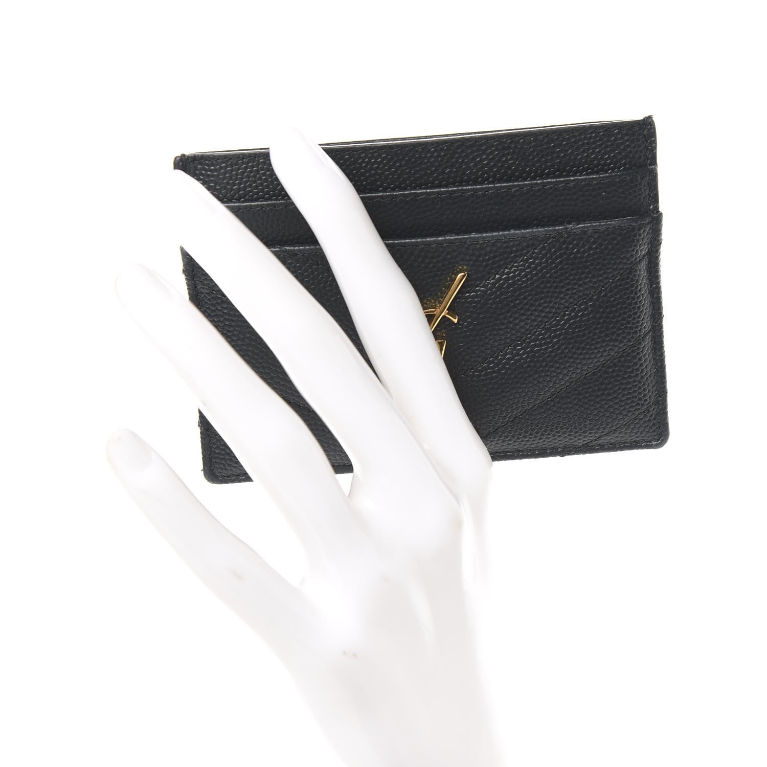 Saint Laurent Grain De Poudre Matelasse Chevron Monogram Credit Card Case Black 2 of 8