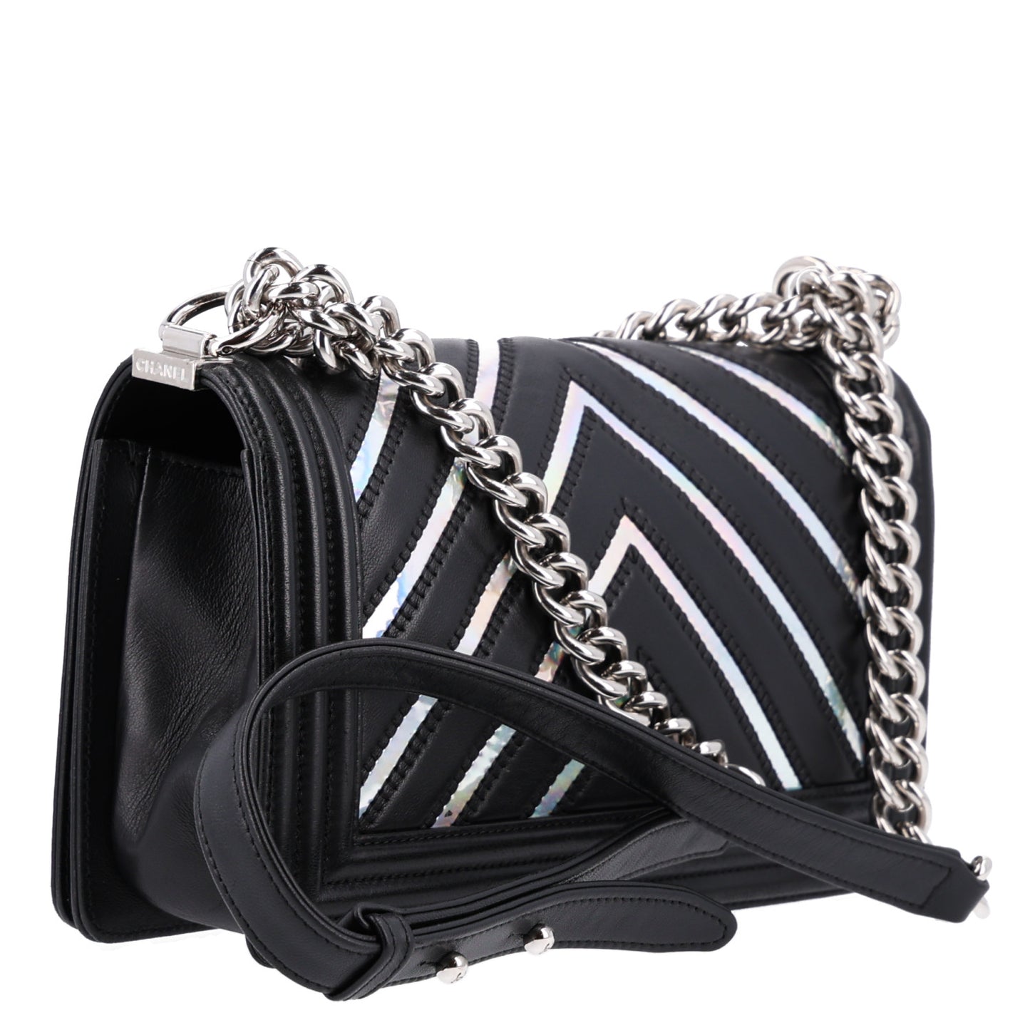Lambskin Iridescent PVC Chevron Quilted Medium Boy Flap Black Silver