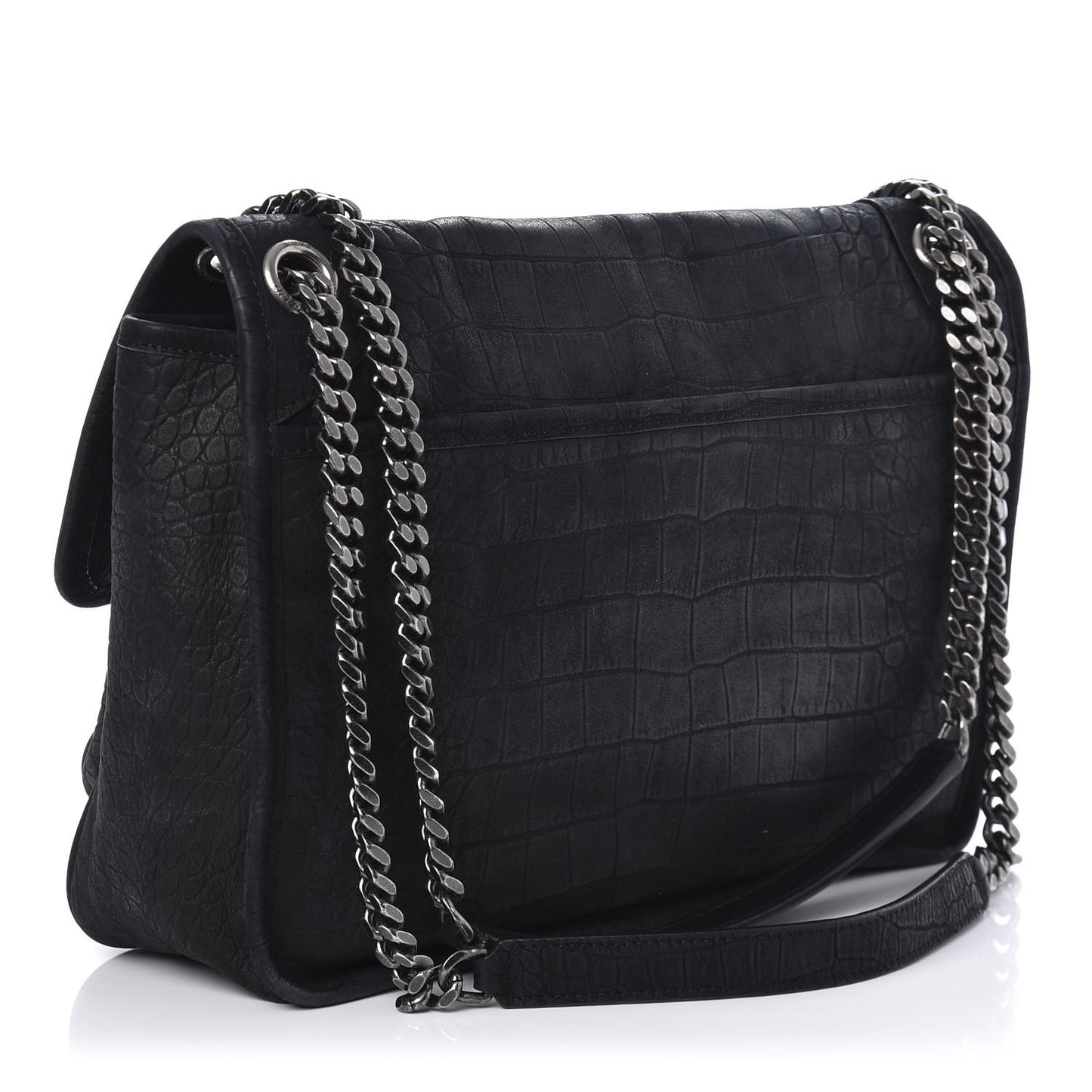 Nubuck Crocodile Embossed Monogram Medium Niki Chain Satchel Black