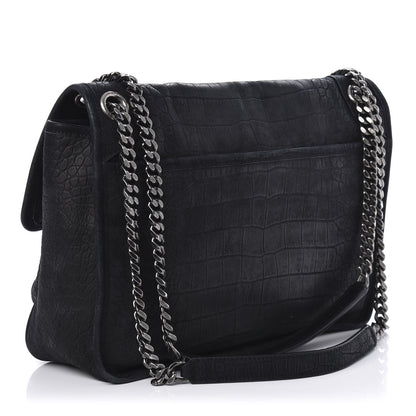 Saint Laurent Nubuck Crocodile Embossed Monogram Medium Niki Chain Satchel Black 3 of 9