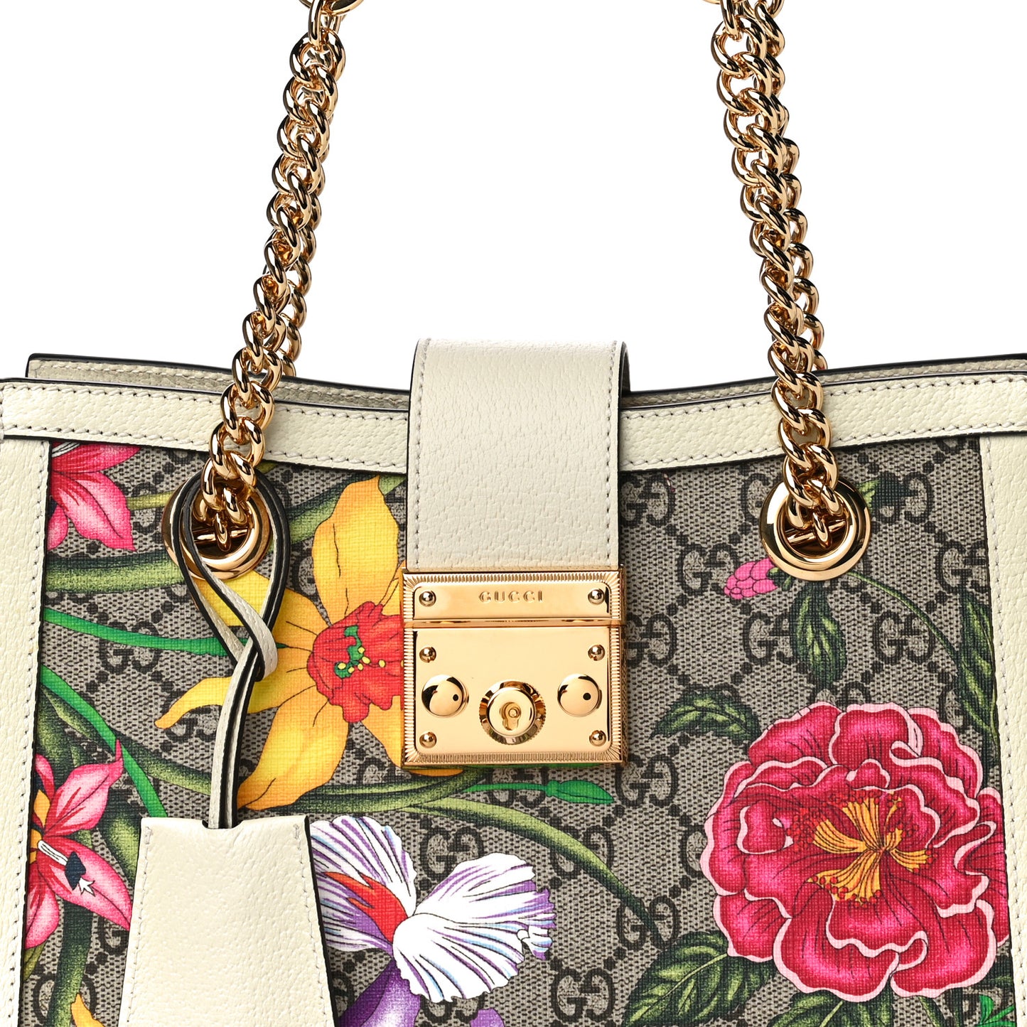 GG Supreme Monogram Flora Textured Calfskin Small Padlock Tote Beige Ebony Multicolor Mystic White