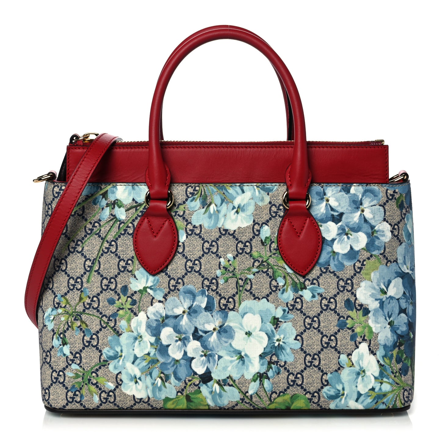 GG Supreme Monogram Blooms Medium Zip Top Tote Beige Blue Navy Hibiscus Red
