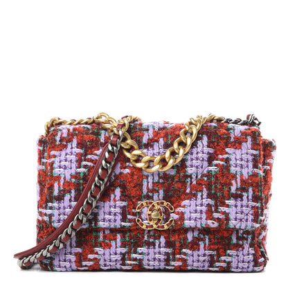 Chanel Tweed Quilted Large Chanel 19 Flap Red Purple Green 1 of 11
