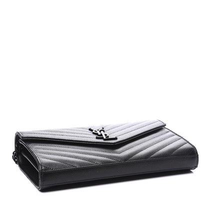 Saint Laurent Grain De Poudre Matelasse Chevron Monogram Chain Wallet Black 3 of 9