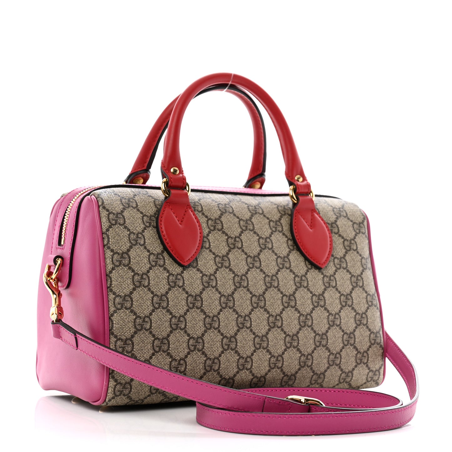 GG Supreme Monogram Moon Calfskin Small Boston Beige Ebony Hibiscus Red New Rosette