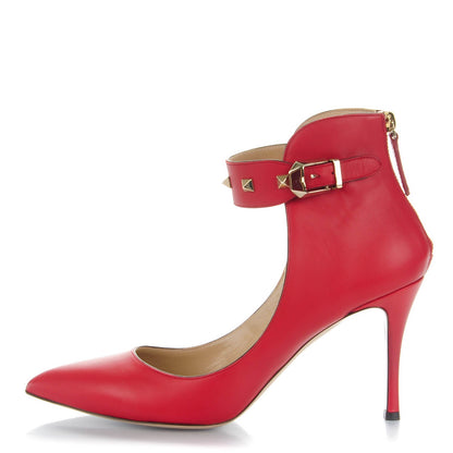 Valentino Garavani Calfskin Rockstud Ankle Strap Pumps 39.5 Red 1 of 8