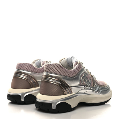 Chanel Fabric Laminated Calfskin Stretch CC Womens Sneakers 41 White Silver 4 of 9
