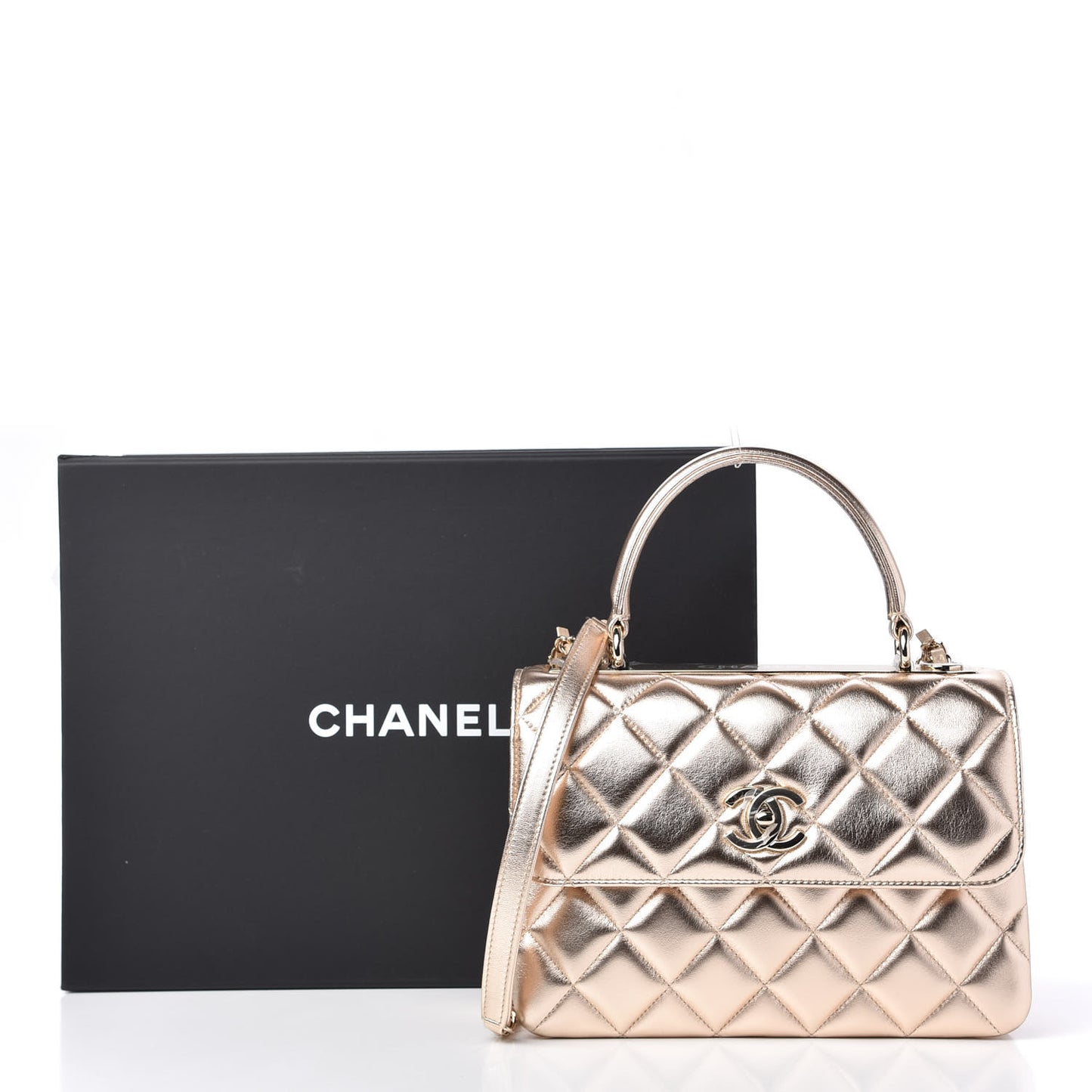 Metallic Lambskin Quilted Small Trendy CC Flap Dual Handle Bag Gold