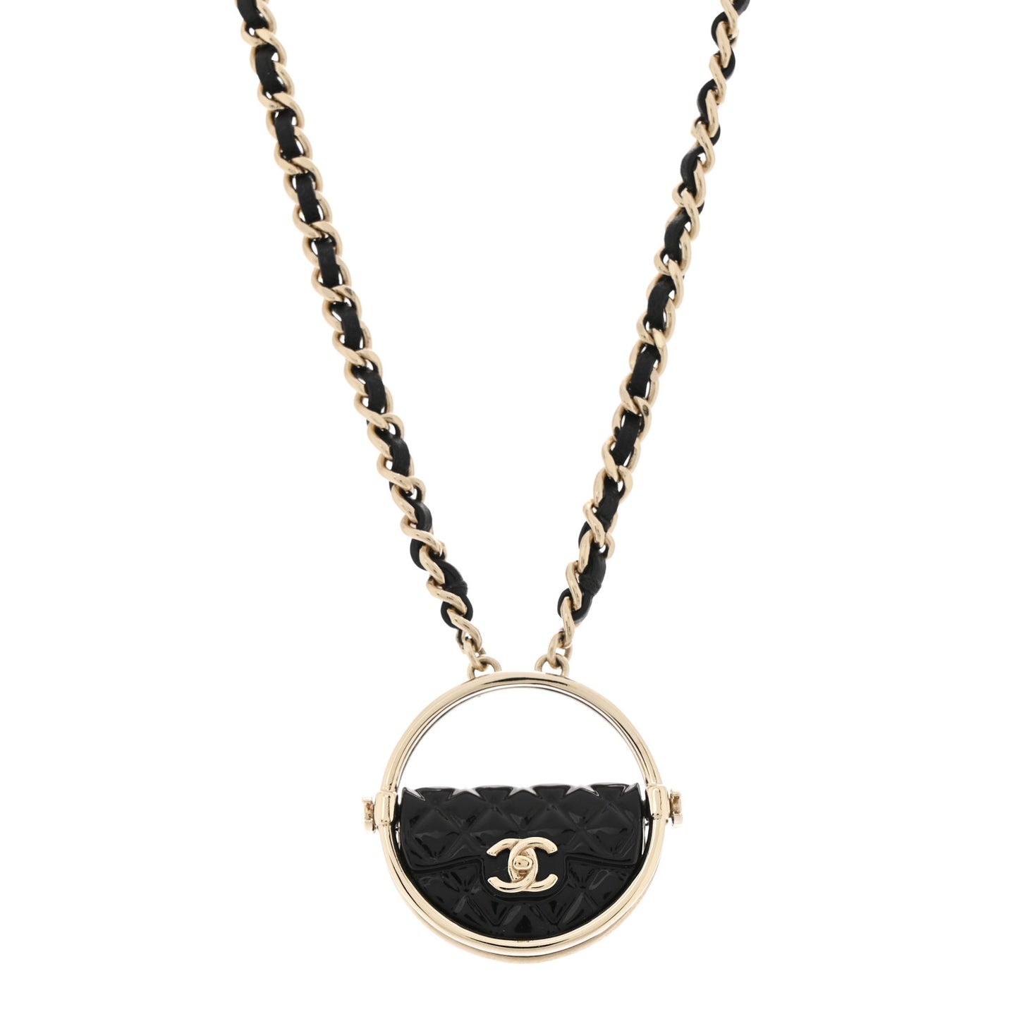 Metal Resin Lambskin Round Flap Necklace Gold Black