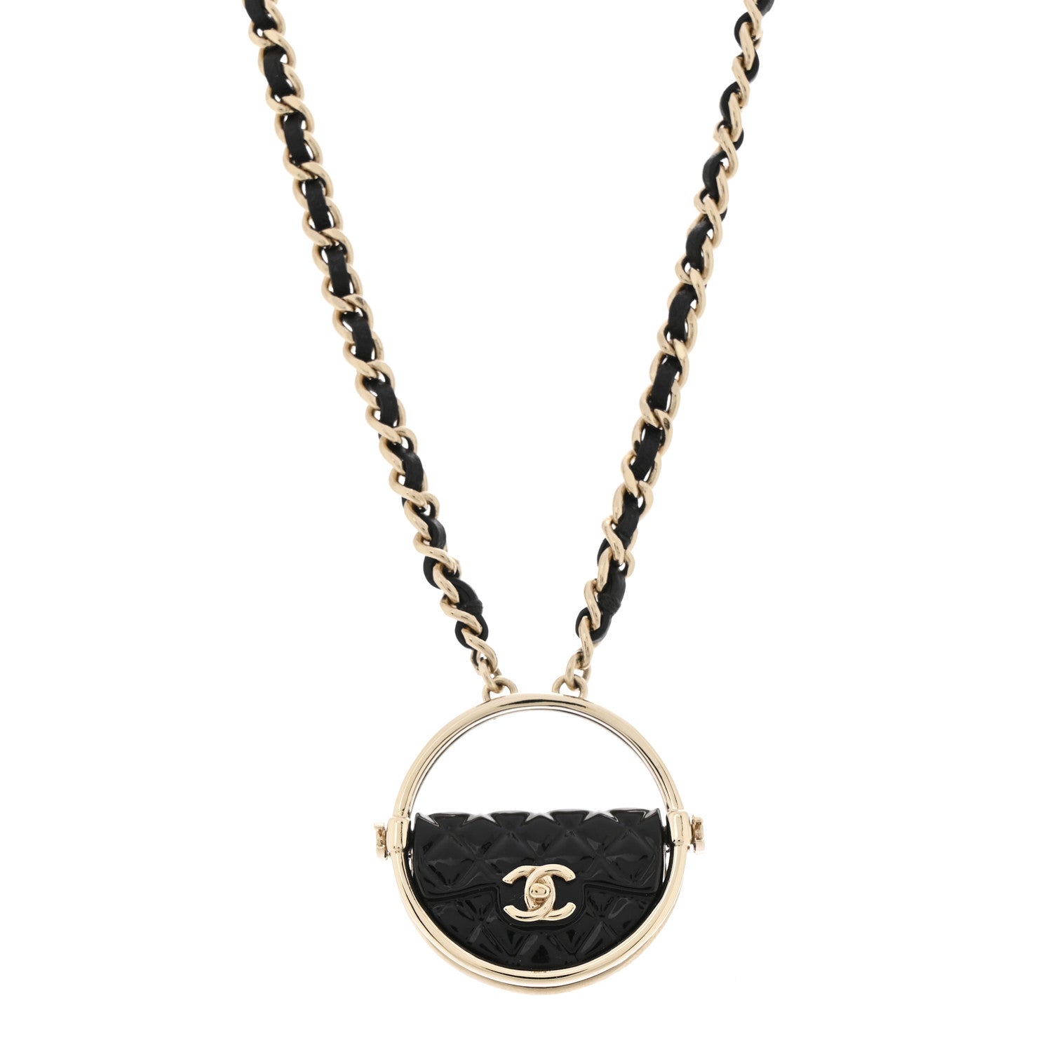 Chanel Metal Resin Lambskin Round Flap Necklace Gold Black 1 of 7