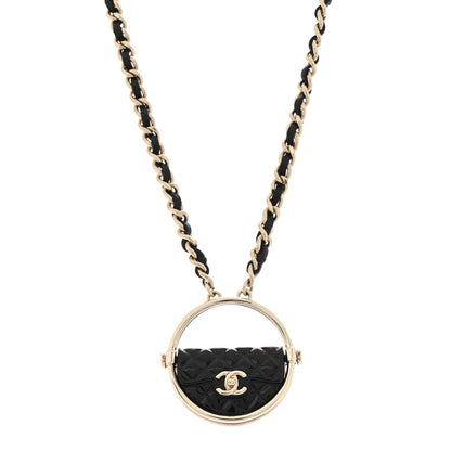 Chanel Metal Resin Lambskin Round Flap Necklace Gold Black 1 of 7