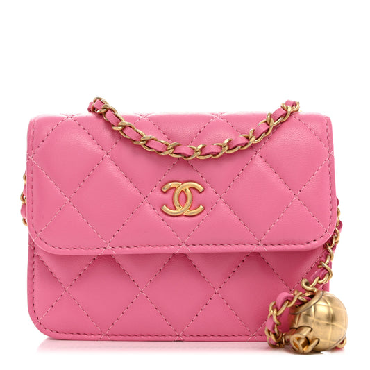Lambskin Quilted Pearl Crush Clutch With Chain Pink