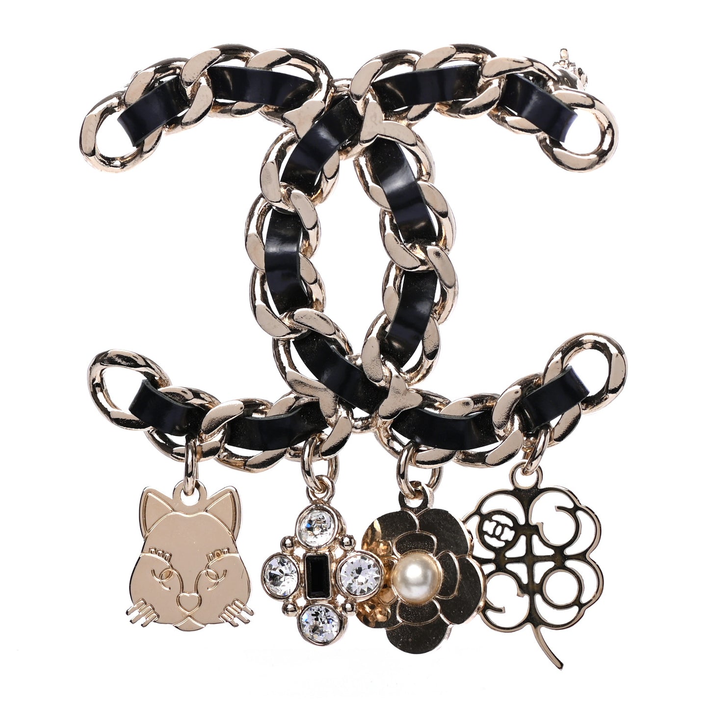 Lambskin Crystal Chain CC Charms Brooch Black Gold