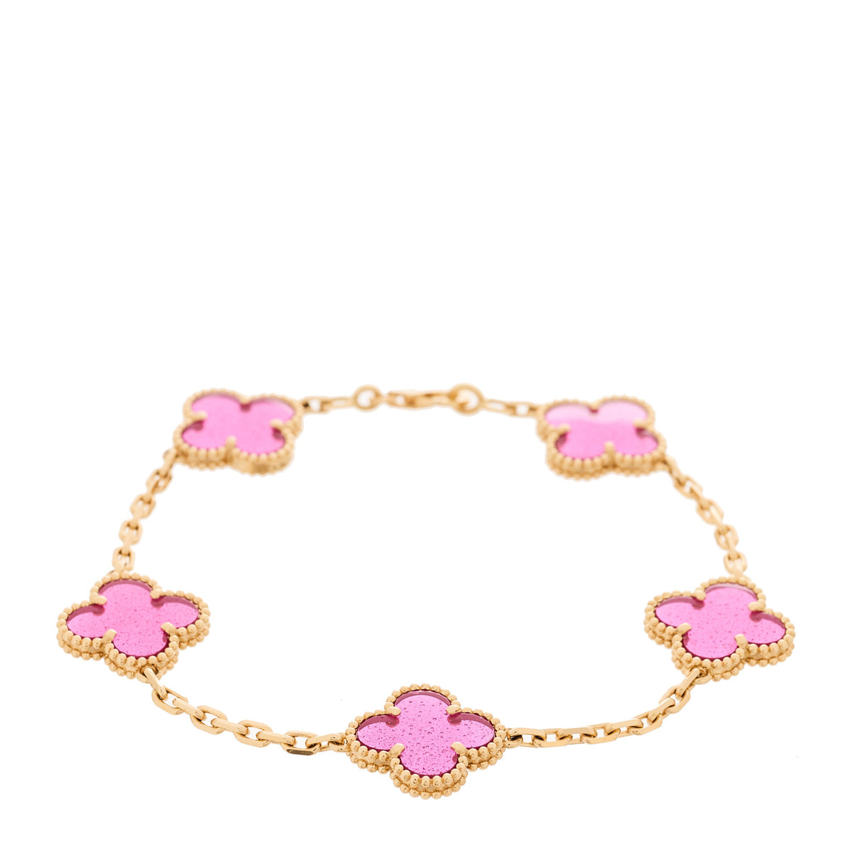 18K Yellow Gold Pink Enamel 5 Motifs Vintage Alhambra Bracelet