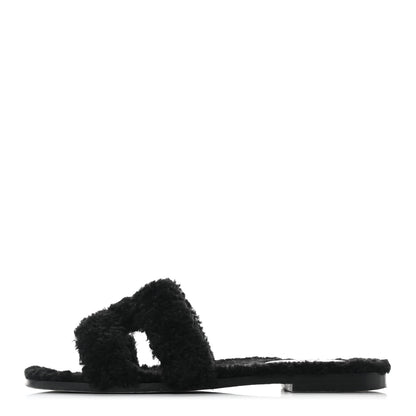 Hermes Woolskin Oran Sandals 38.5 Black 1 of 9