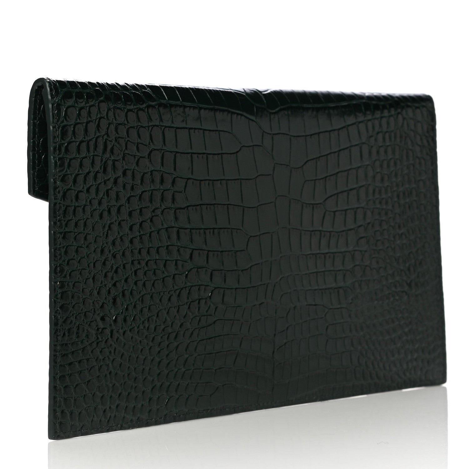 Saint Laurent Calfskin Crocodile Embossed Uptown Monogram Clutch Dark Green 3 of 12