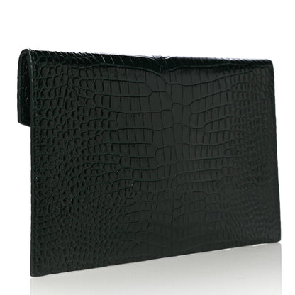 Saint Laurent Calfskin Crocodile Embossed Uptown Monogram Clutch Dark Green 3 of 12