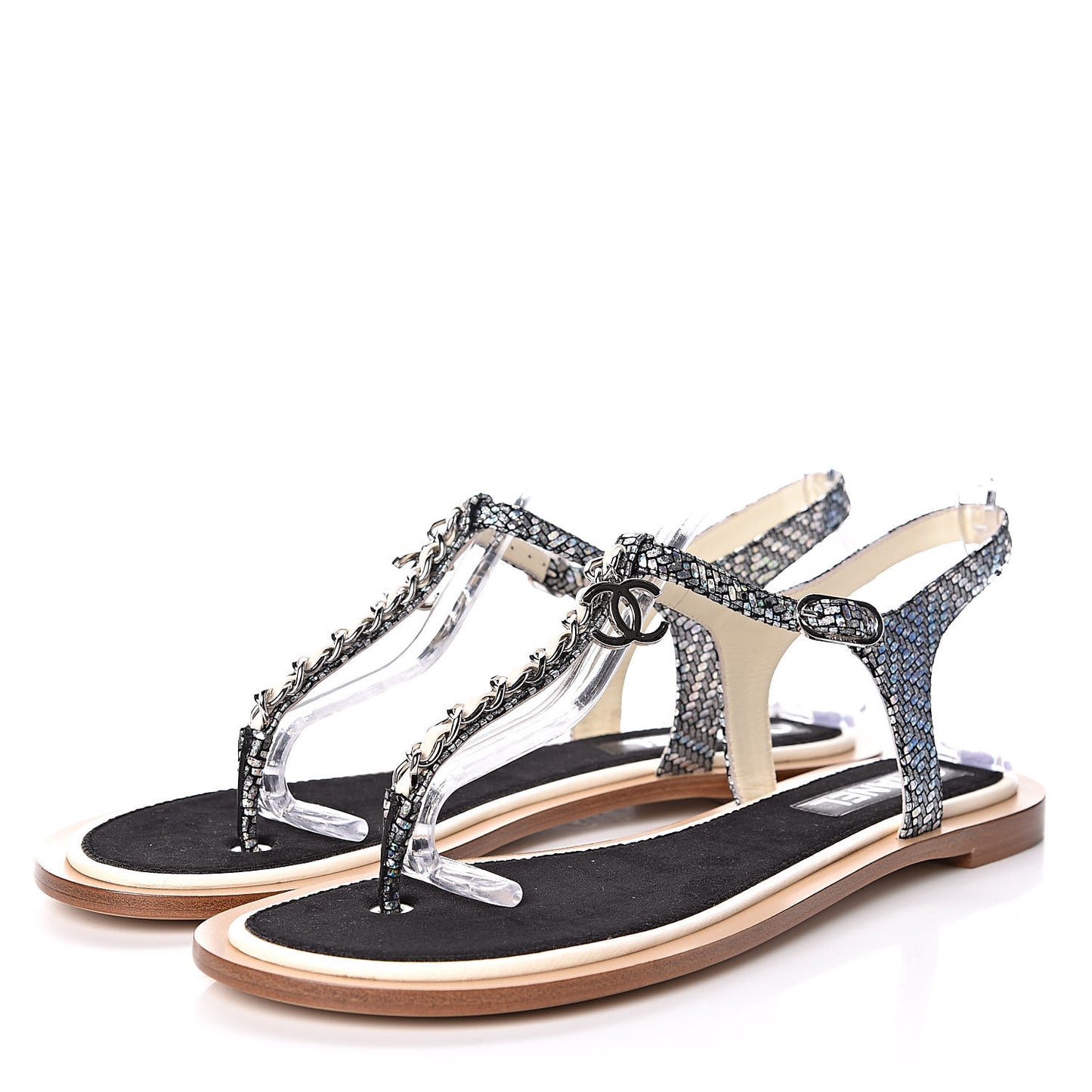 Goatskin Velvet Fantasy CC Chain Thong Sandals 41.5 Silver Ivory