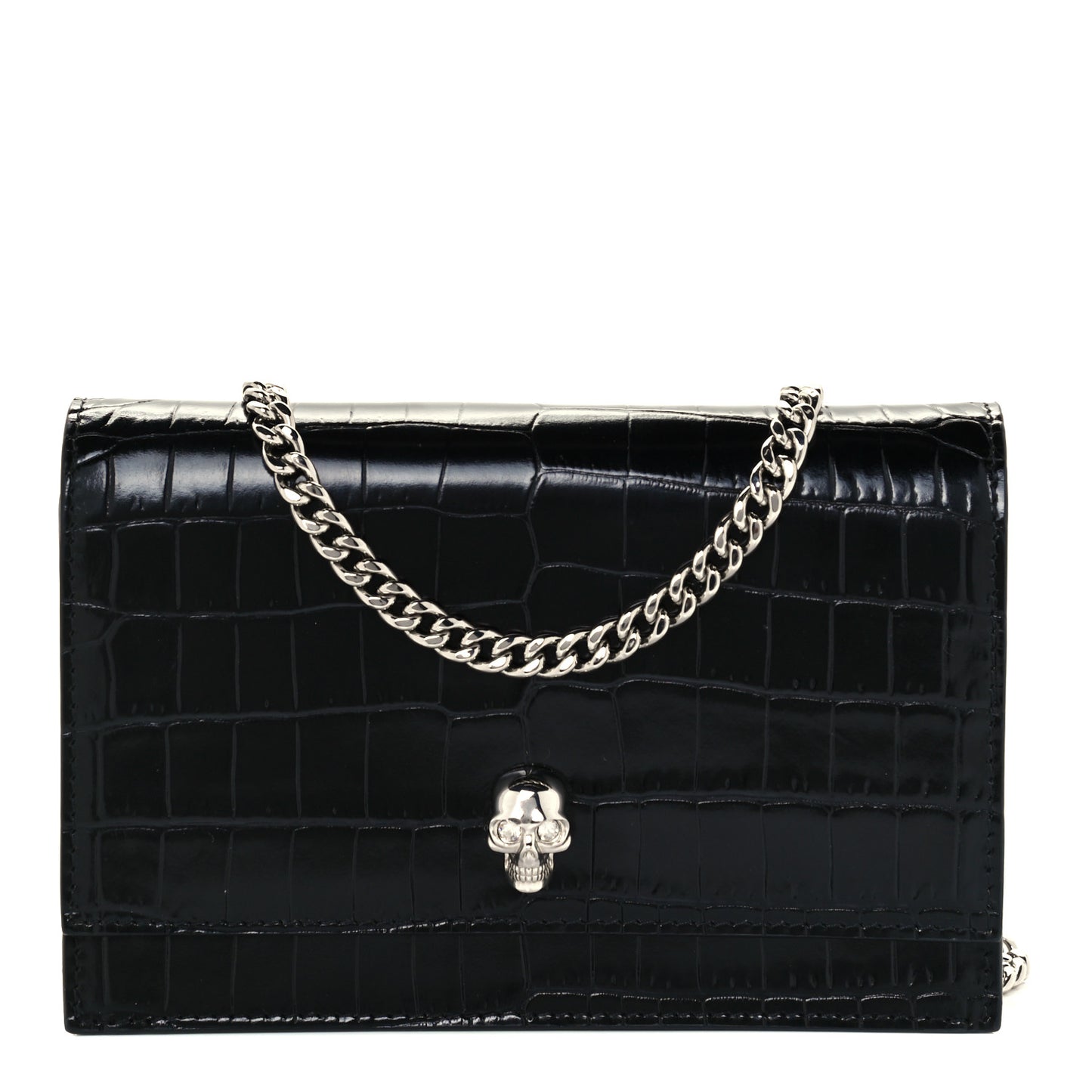 Calfskin Crocodile Embossed Skull Mini Crossbody Bag Black