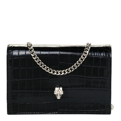 Alexander McQueen Calfskin Crocodile Embossed Skull Mini Crossbody Bag Black 1 of 9