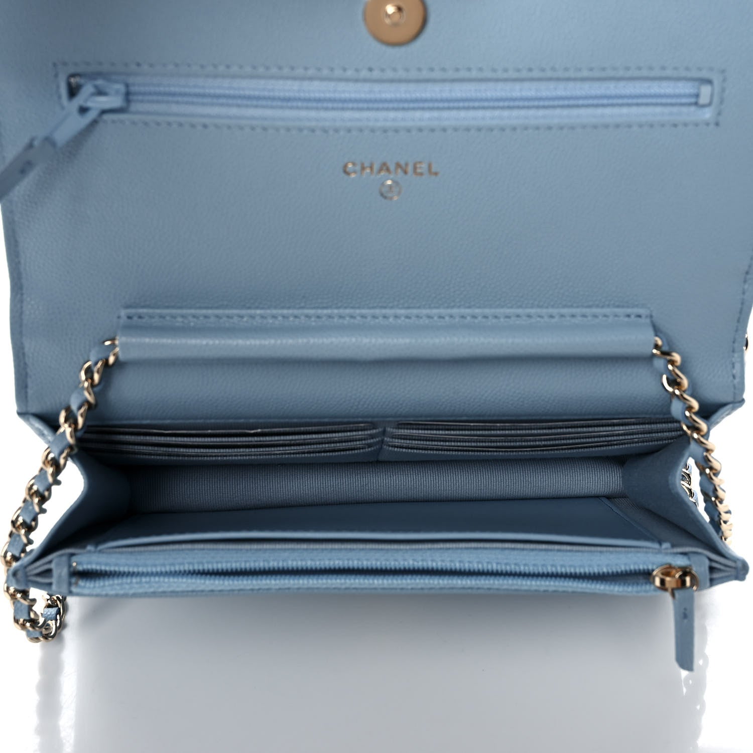 Chanel Caviar Quilted Crystal CC Wallet On Chain WOC Light Blue 5 of 12