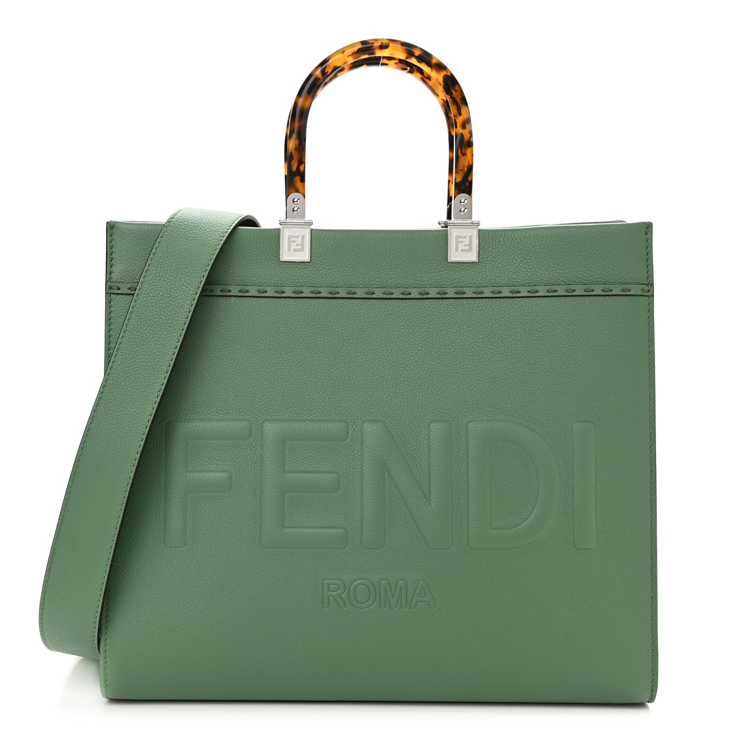 Fendi Vitello Cher Plexiglass Logo Debossed Medium Fendi Sunshine Shopper Tote Verde Islanda 1 of 9