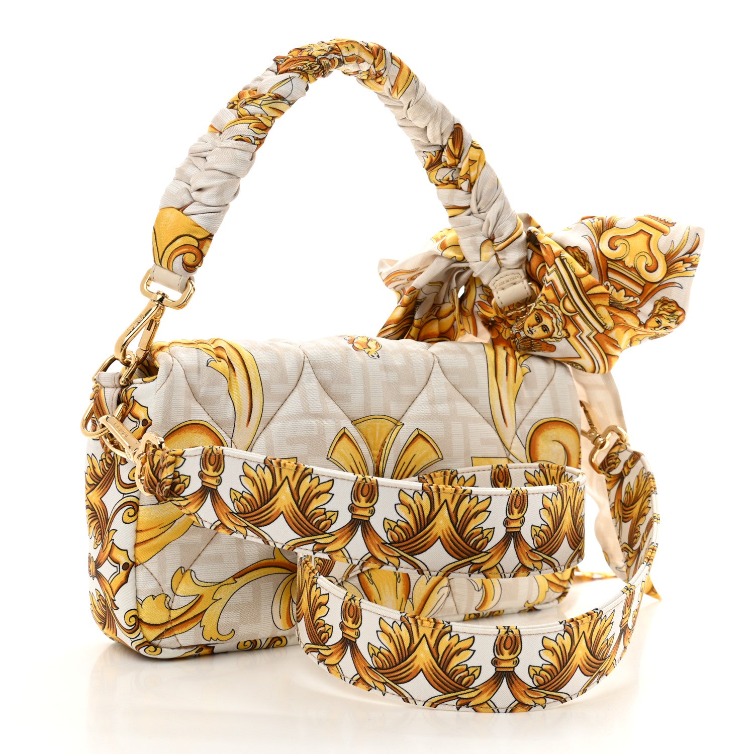 Fendi X VERSACE Silk Fendace FF Baroque Quilted Scarf Baguette White Gold 3 of 13