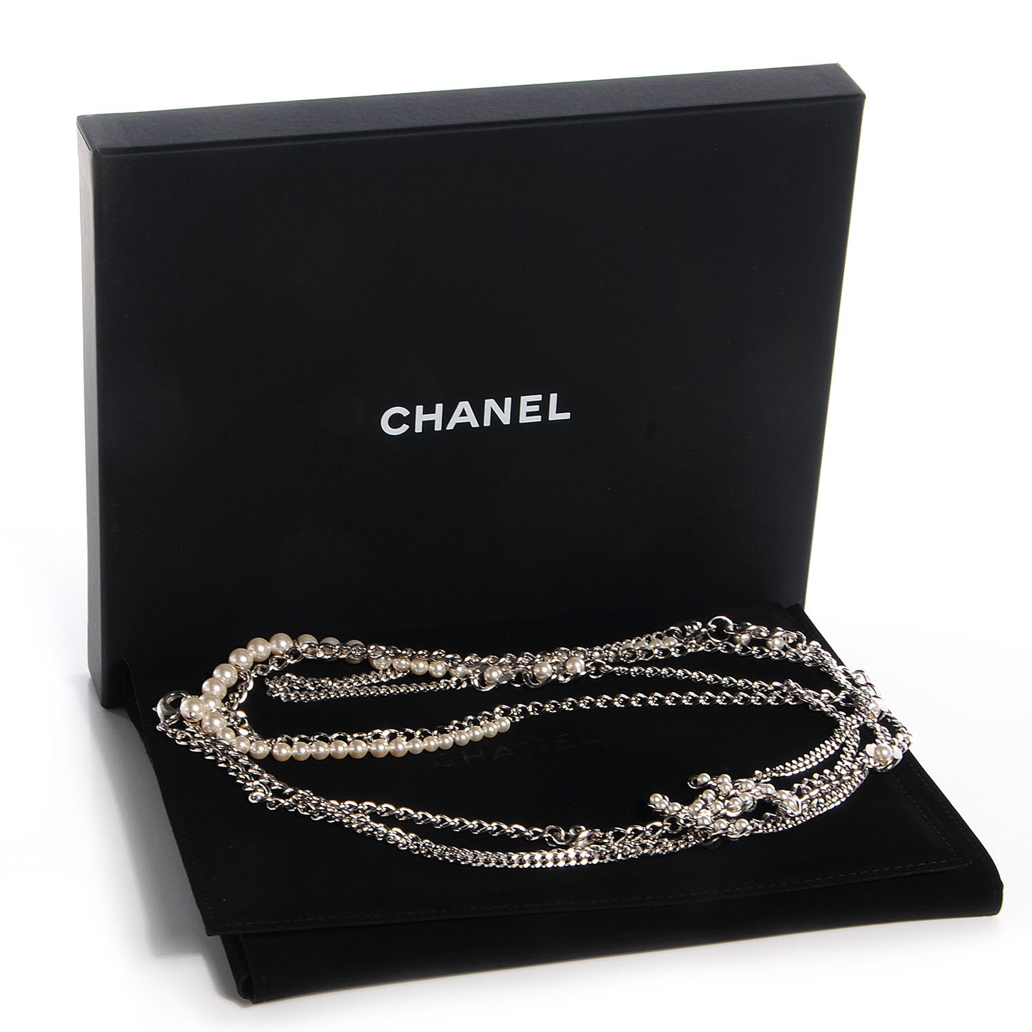 Pearl CC Long Chain Necklace Silver