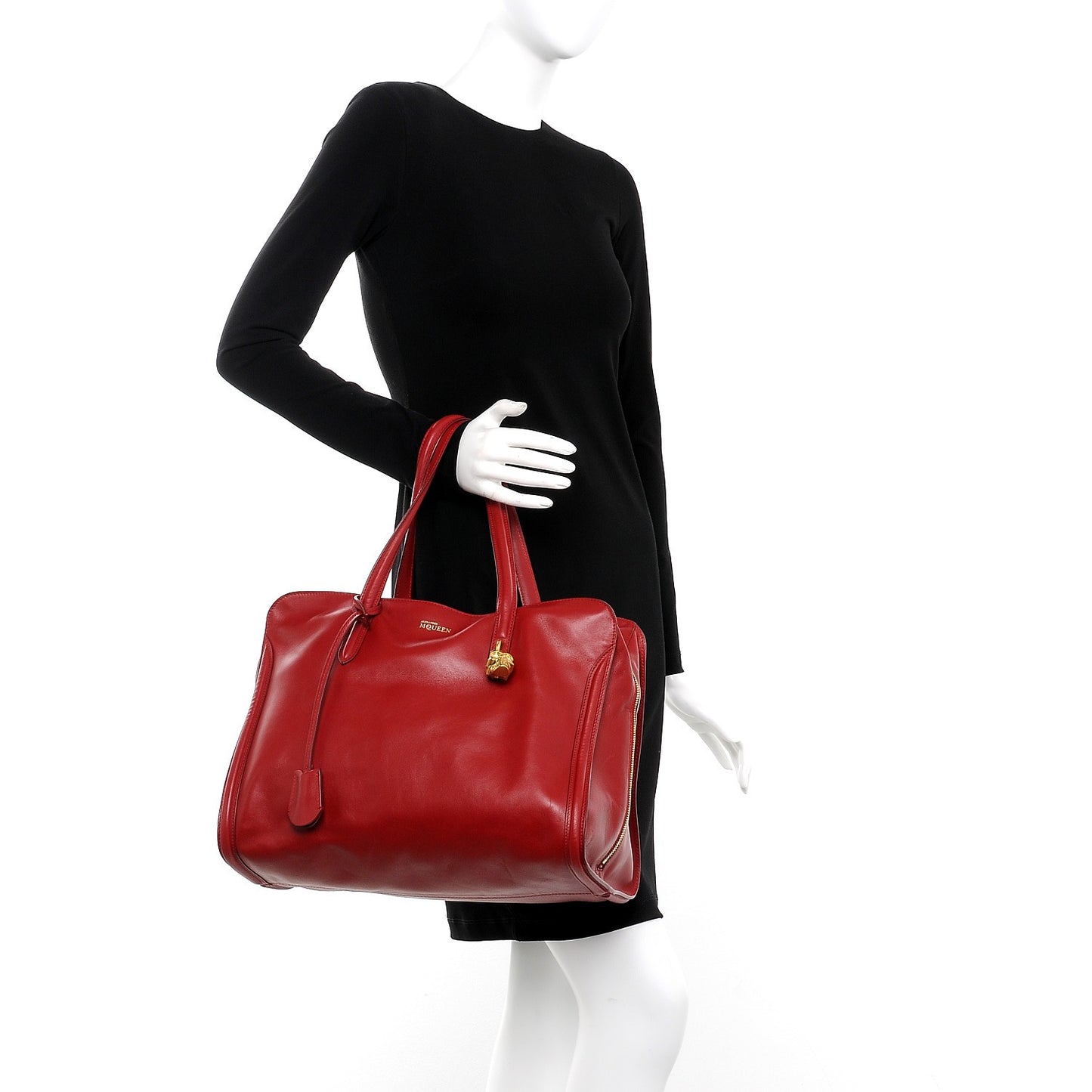 Calfskin Large Skull Padlock Zip Around Tote Red
