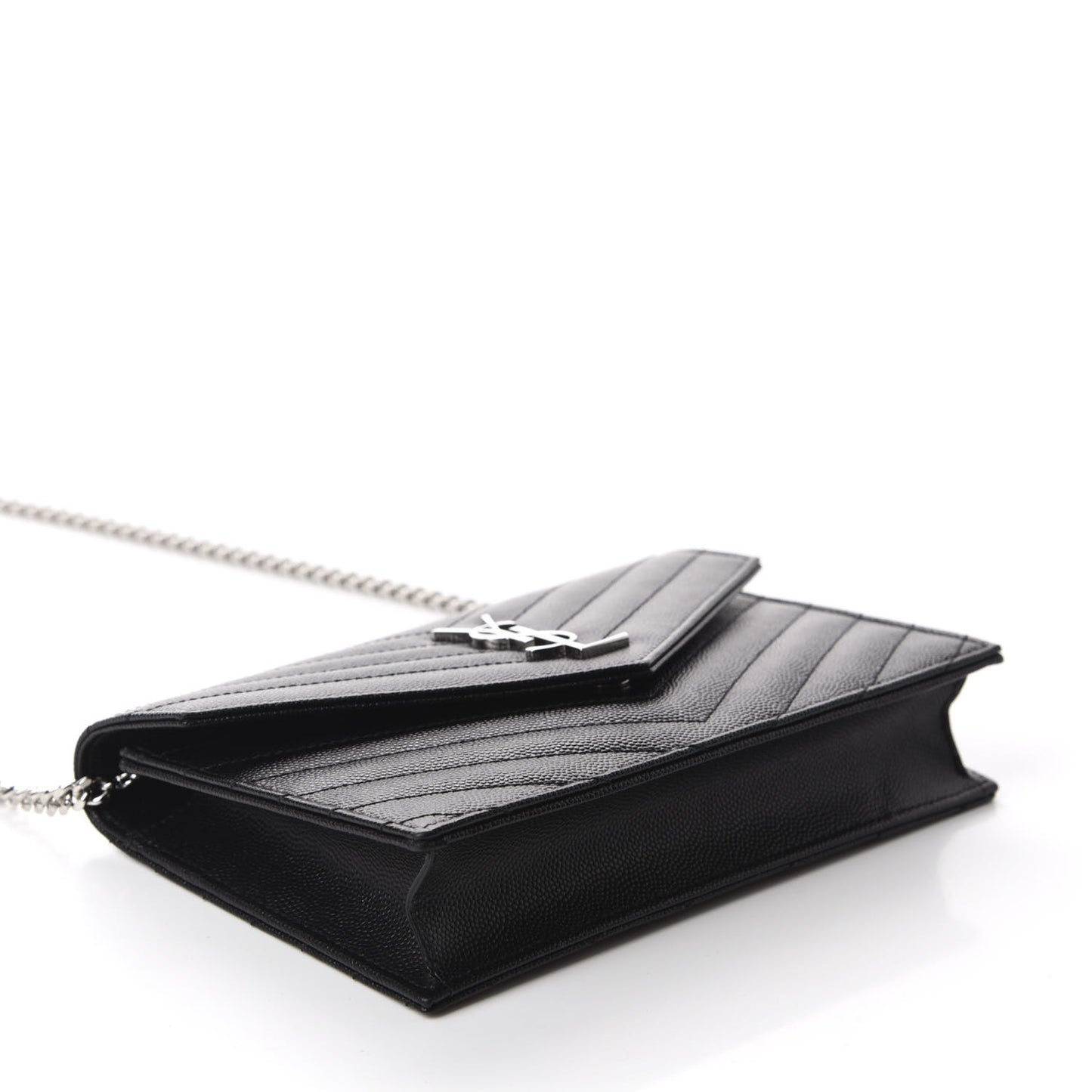 Grain De Poudre Matelasse Chevron Monogram Envelope Chain Wallet Black
